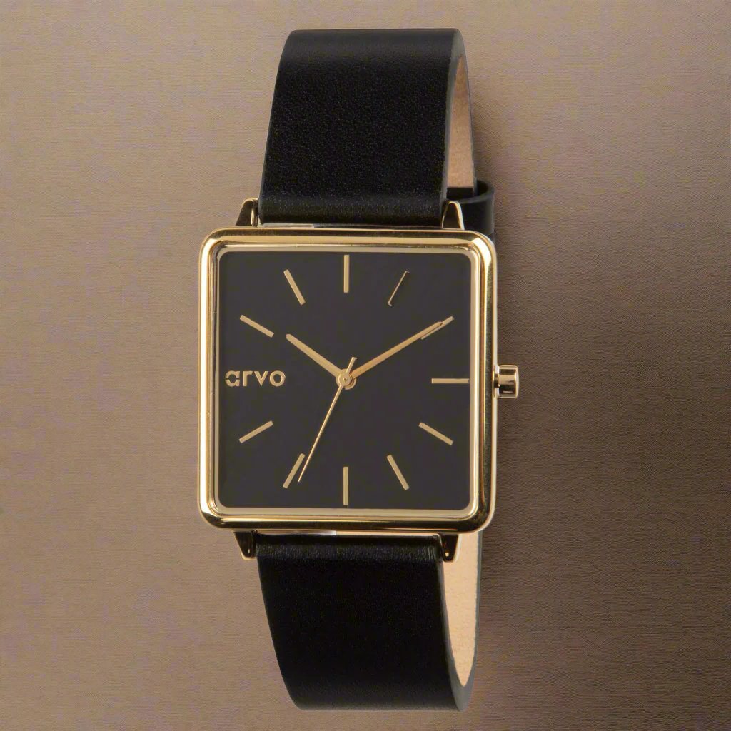 Arvo Time Squared Watch - Black Dial, Black Leather