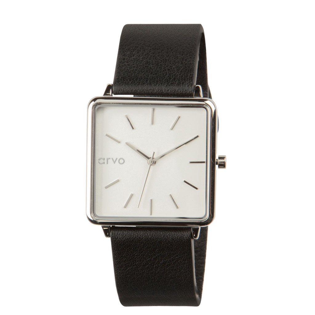 Arvo Time Squared Watch - Silver - Black Leather